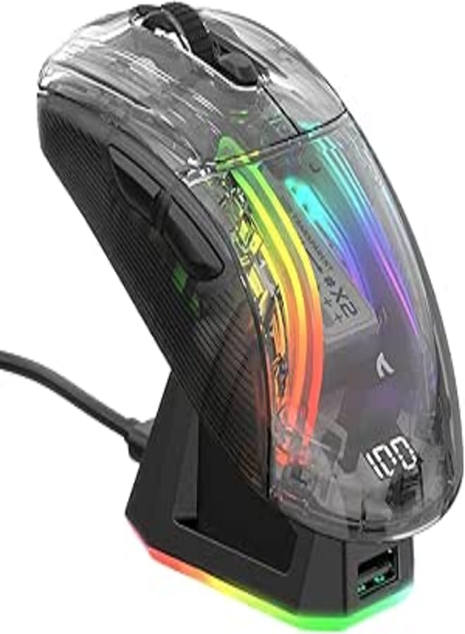 ATTACK SHARK X2 Pro Wireless Gaming Mouse with Charging Dock, Silent Bluetooth Mouse (Tri-Mode BT5.0/2.4G/Wired), RGB Ergonomic Mouse 4000DPI, Transparent Case, PC/Mac/Tablet, Black